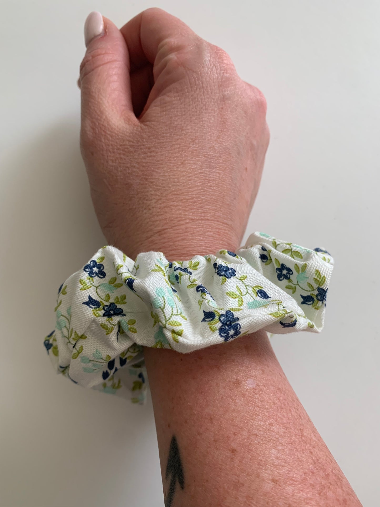 Sunday Stroll Freshly Cut Floral Stripe in Blue - Cotton Scrunchie
