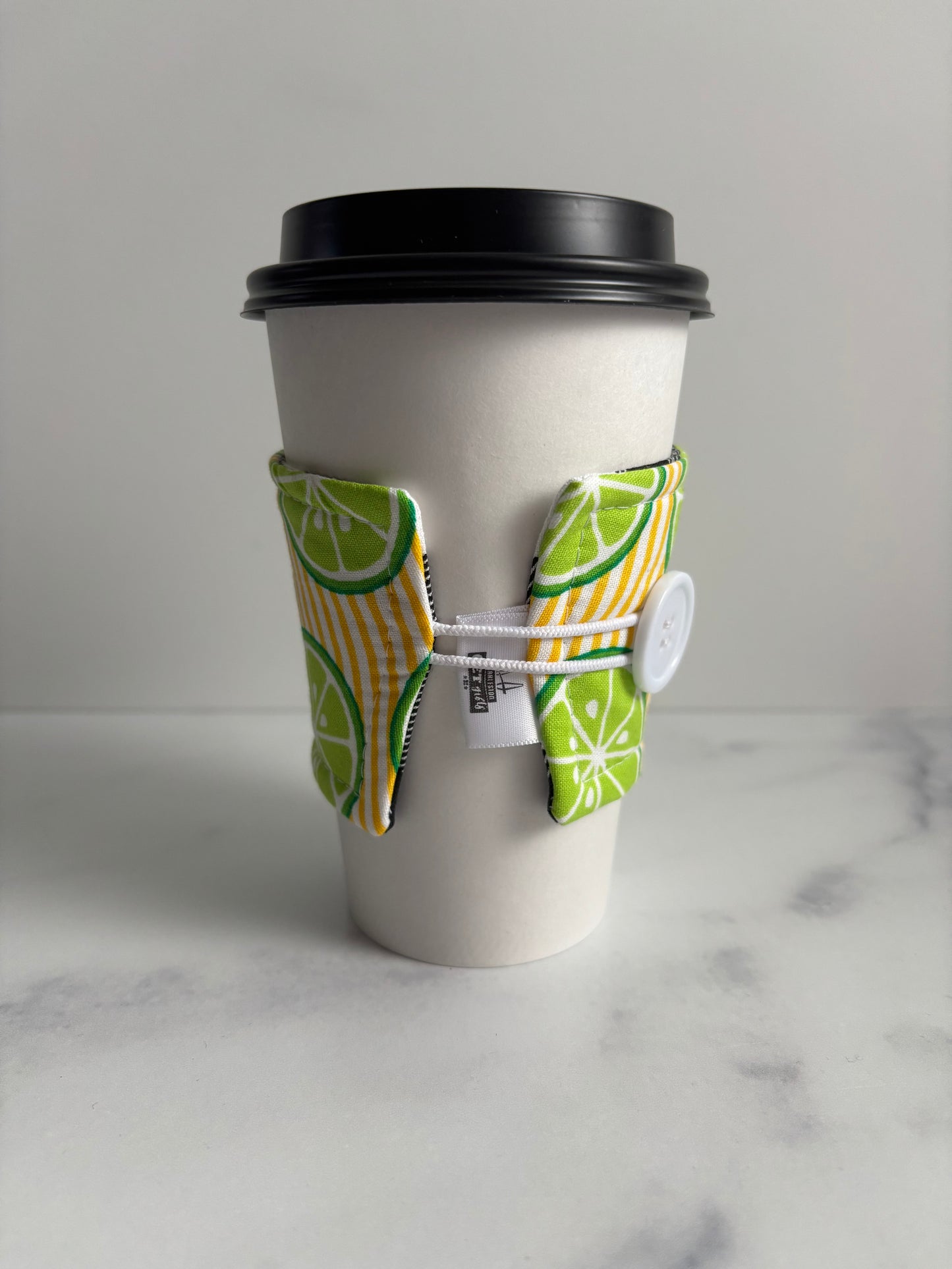 Limes on Yellow Stripes - Reusable Coffee Sleeve