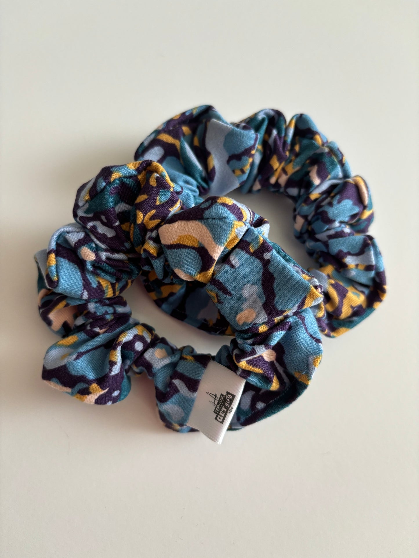 Abstract Teal, Purple, and Gold - Knit Scrunchie
