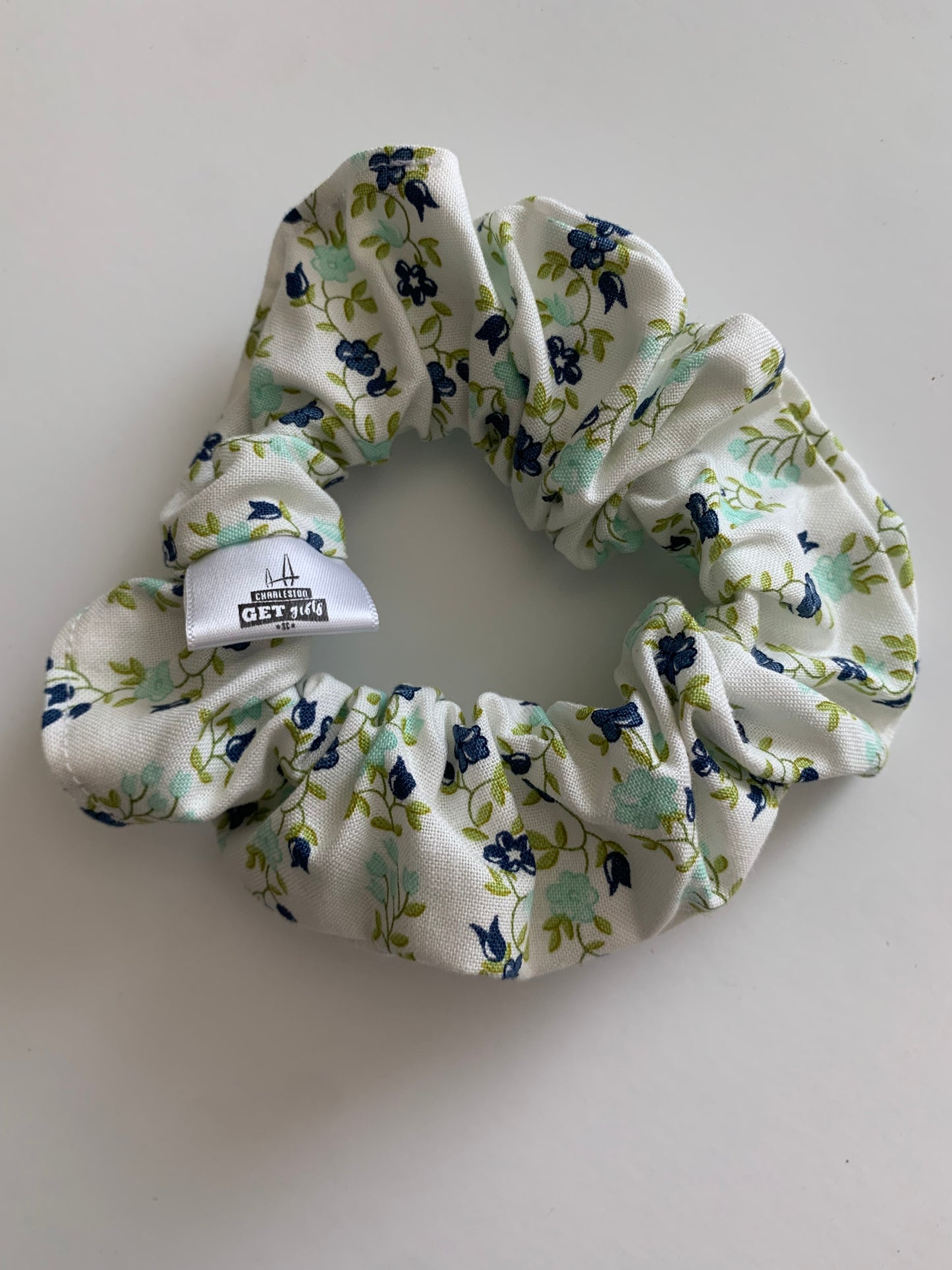 Sunday Stroll Freshly Cut Floral Stripe in Blue - Cotton Scrunchie