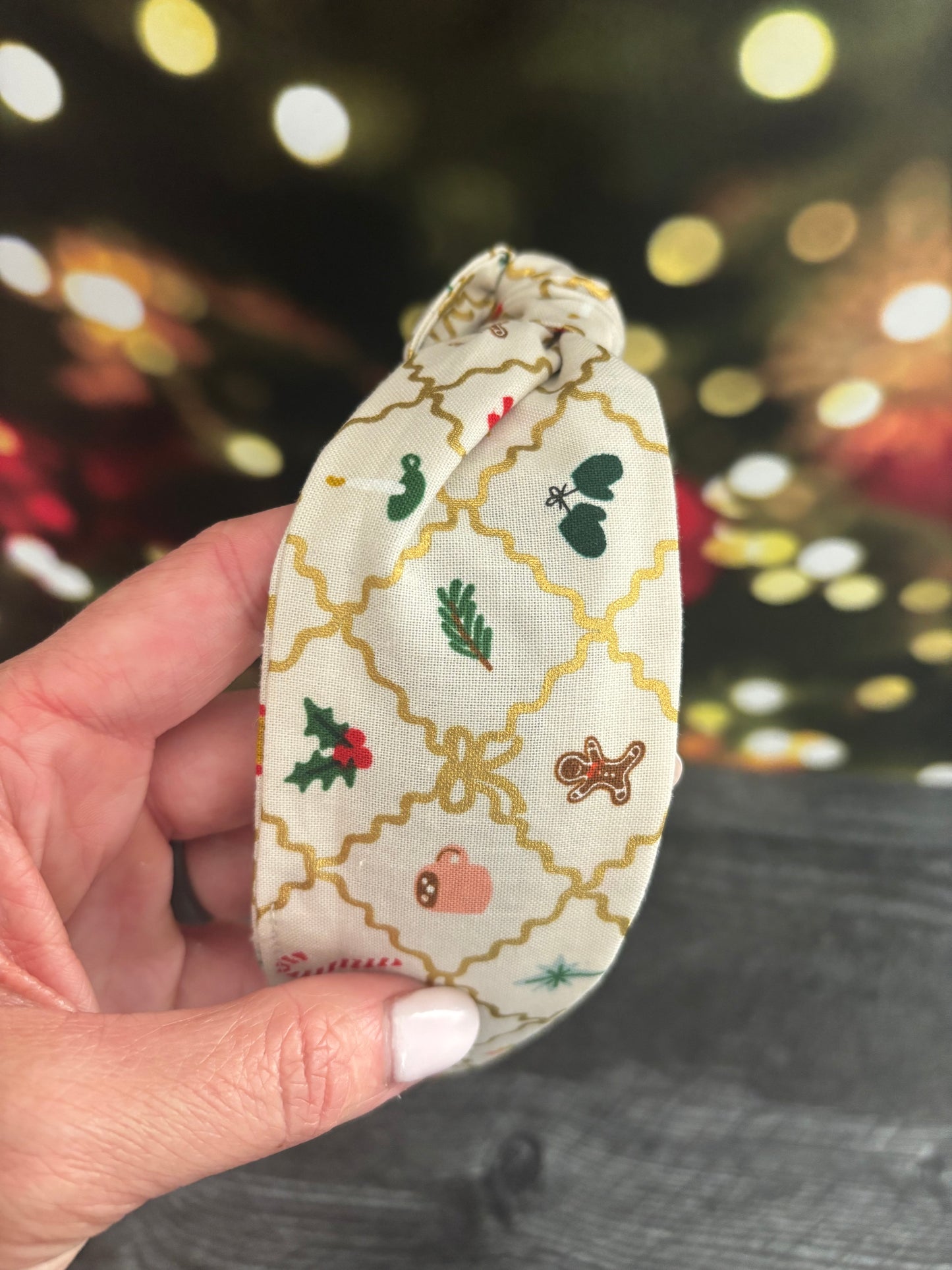 Holiday Argyle Cream and Gold - Knotted Headband
