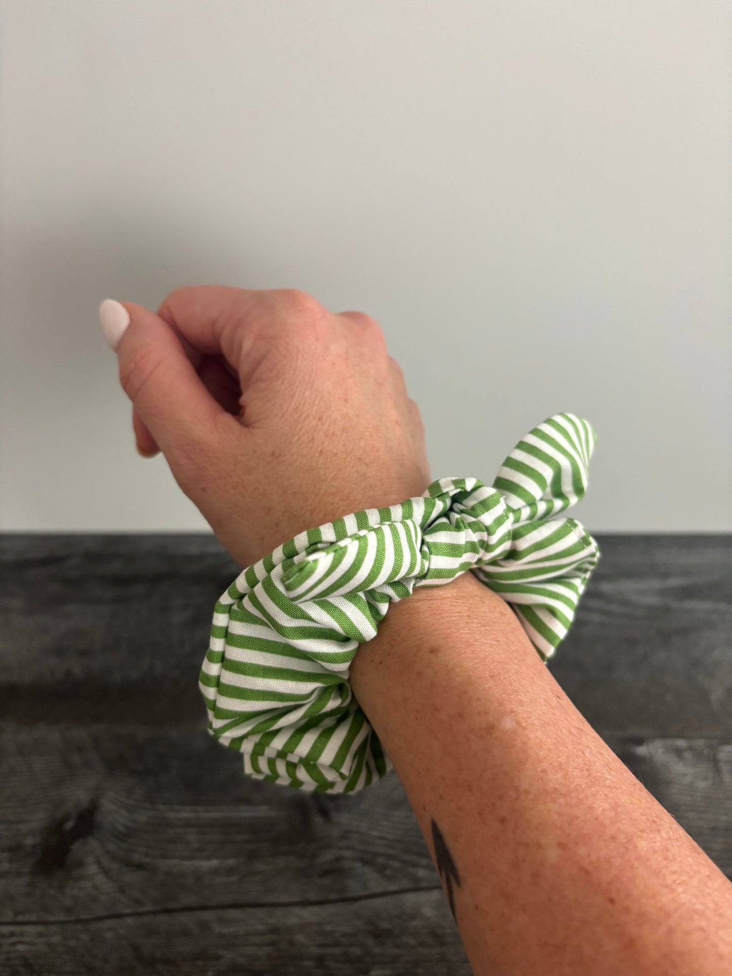 Green and White Stripe - Cotton Scrunchie