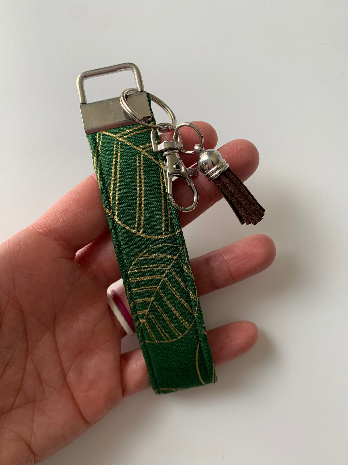Sparkly Gold Leaf Print on Green - Keychain