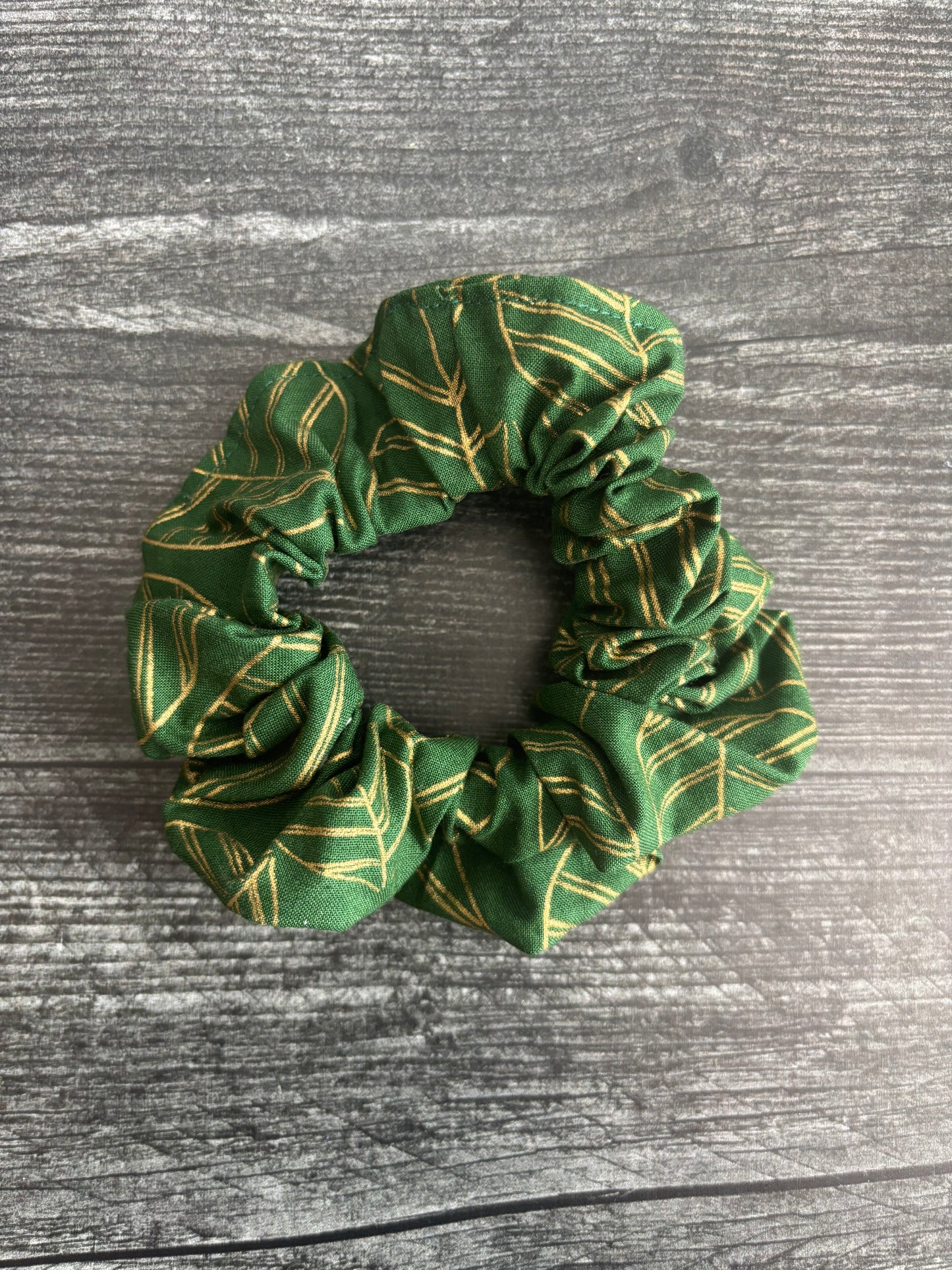Sparkly Gold Leaf Print on Green - Cotton Scrunchie