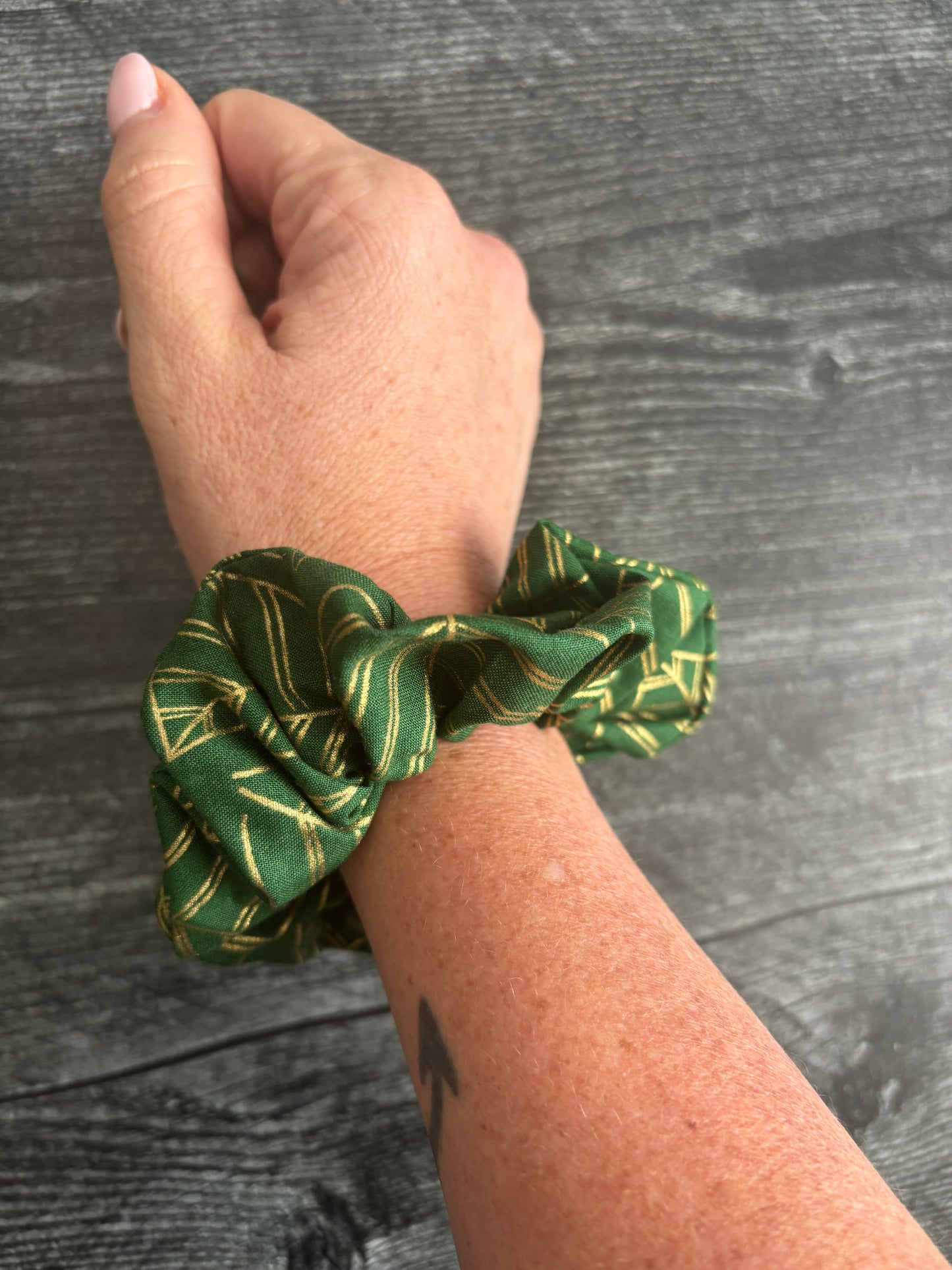 Sparkly Gold Leaf Print on Green - Cotton Scrunchie