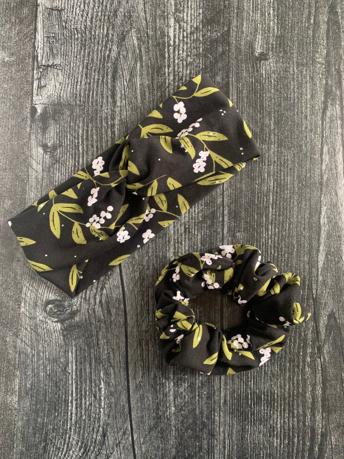 Vines and Berries on Black - Knit Scrunchie