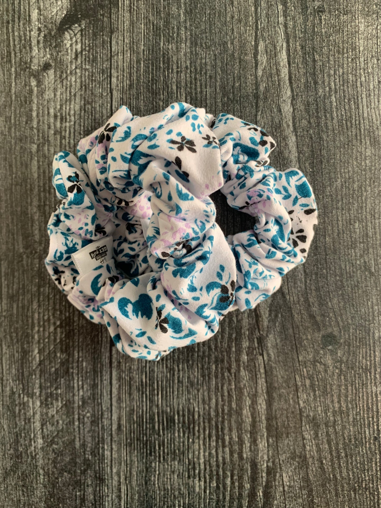 Lilac, Teal, and Black Flowers on White - Knit Scrunchie