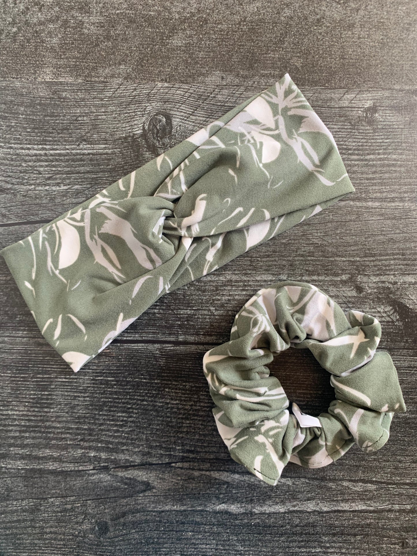 Sage Green with White Flowers - Knit Scrunchie