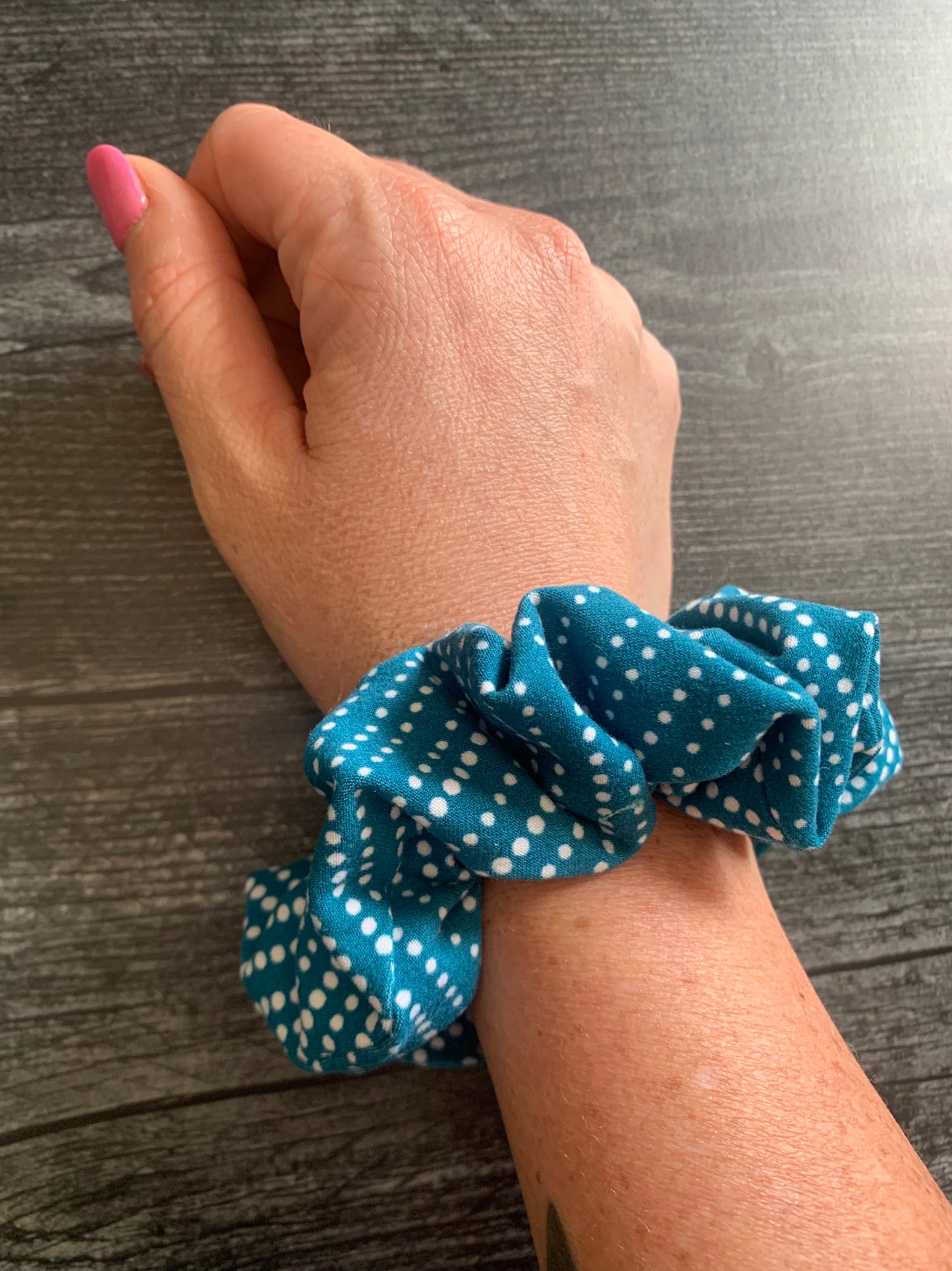 Blue with White Dots - Knit Scrunchie