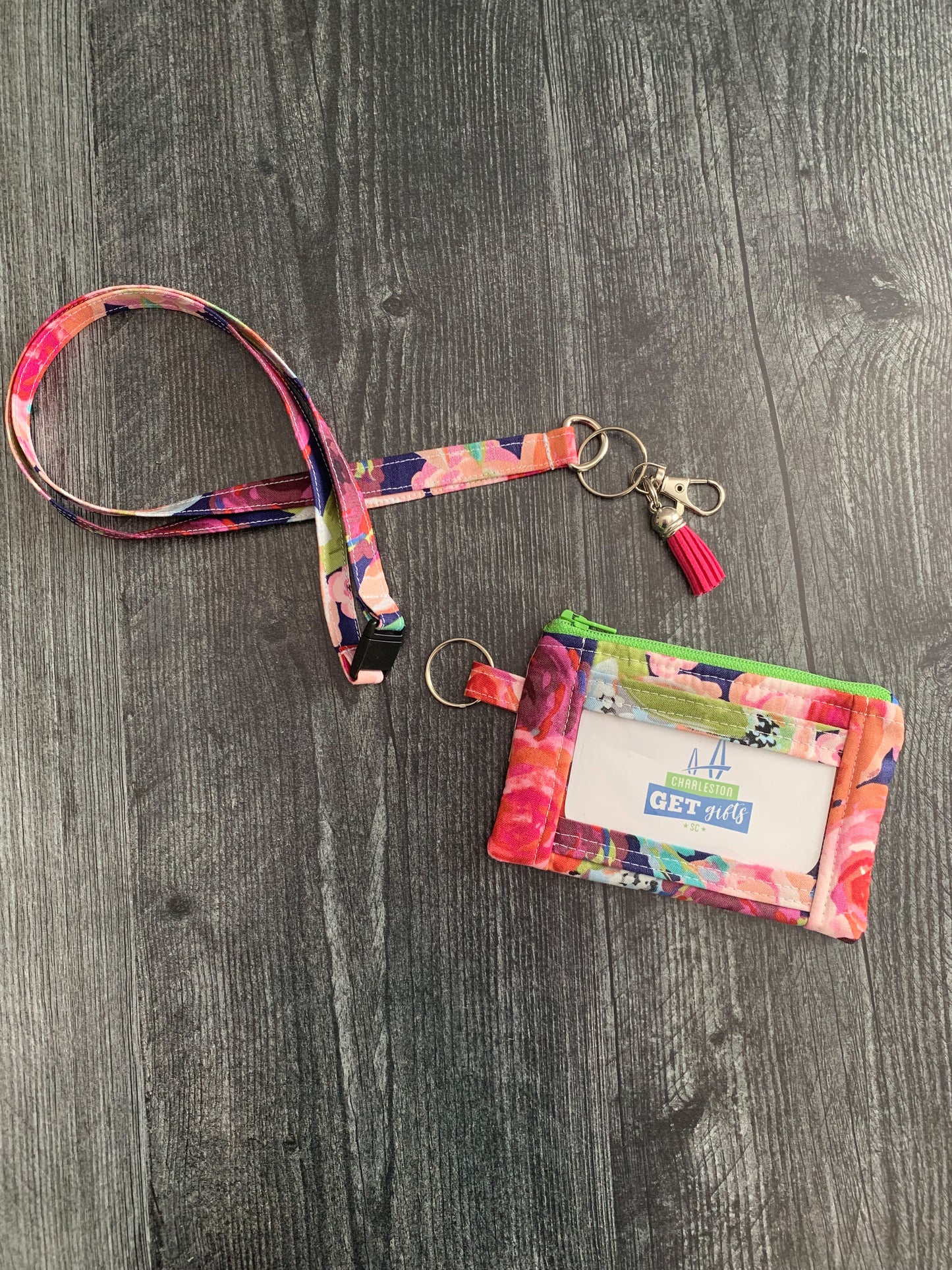 Blissful Blooms in Navy - Lanyard/Keychain Wallet
