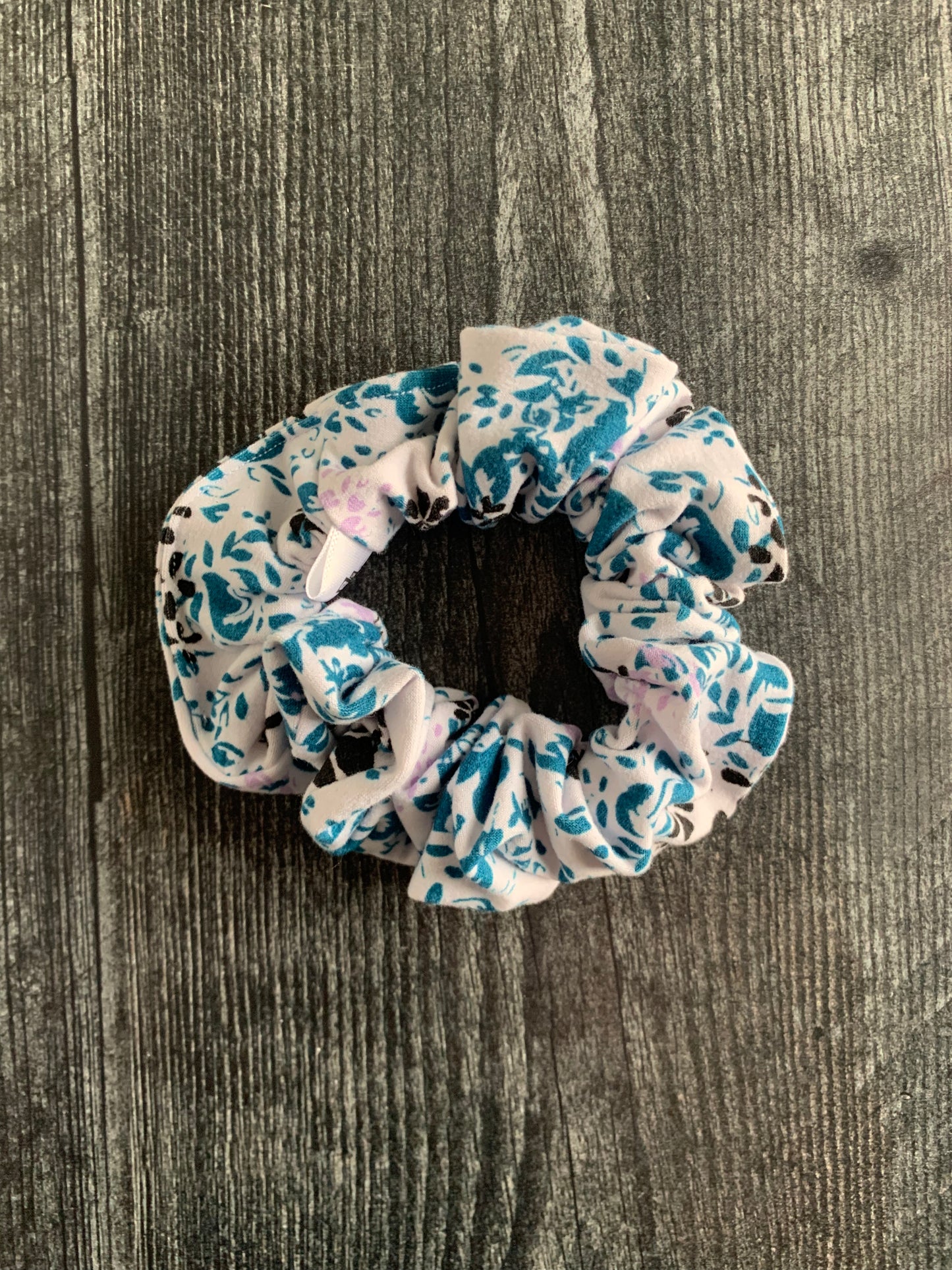 Lilac, Teal, and Black Flowers on White - Knit Scrunchie