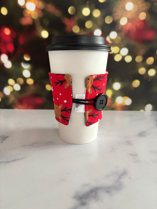 Reindeer on Red - Reusable Coffee Sleeve