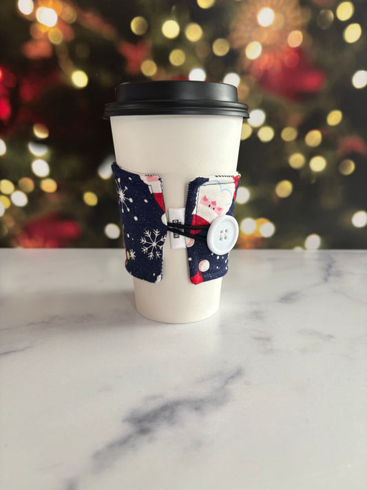 Sparkly Santas on Blue - Reusable Coffee Sleeve