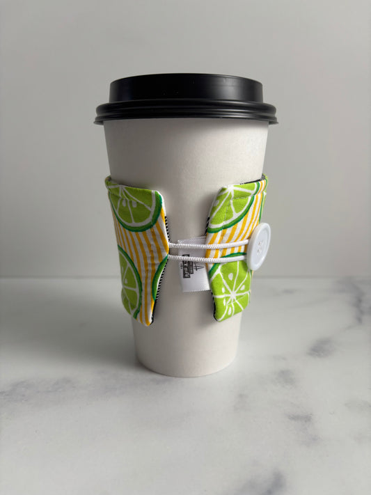 Limes on Yellow Stripes - Reusable Coffee Sleeve