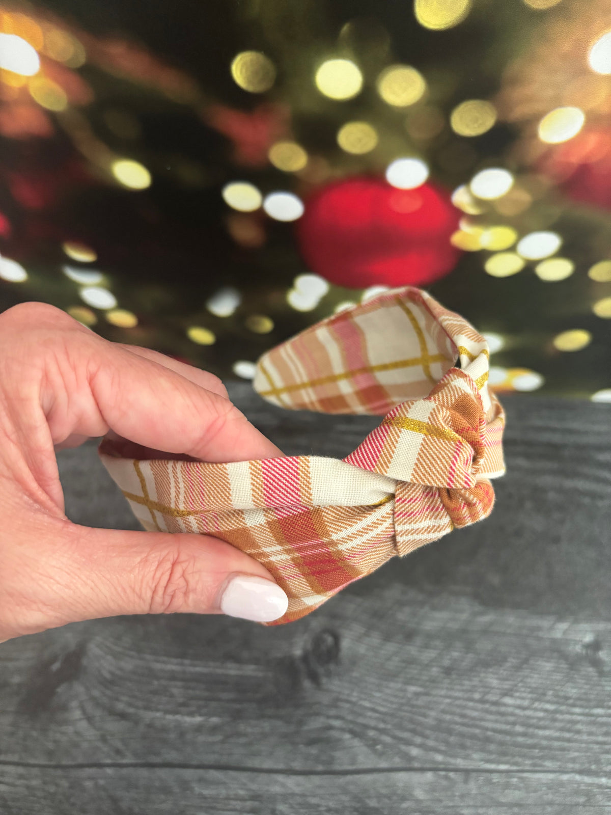 Sparkly Plaid Red, Cream and Gold - Knotted Headband