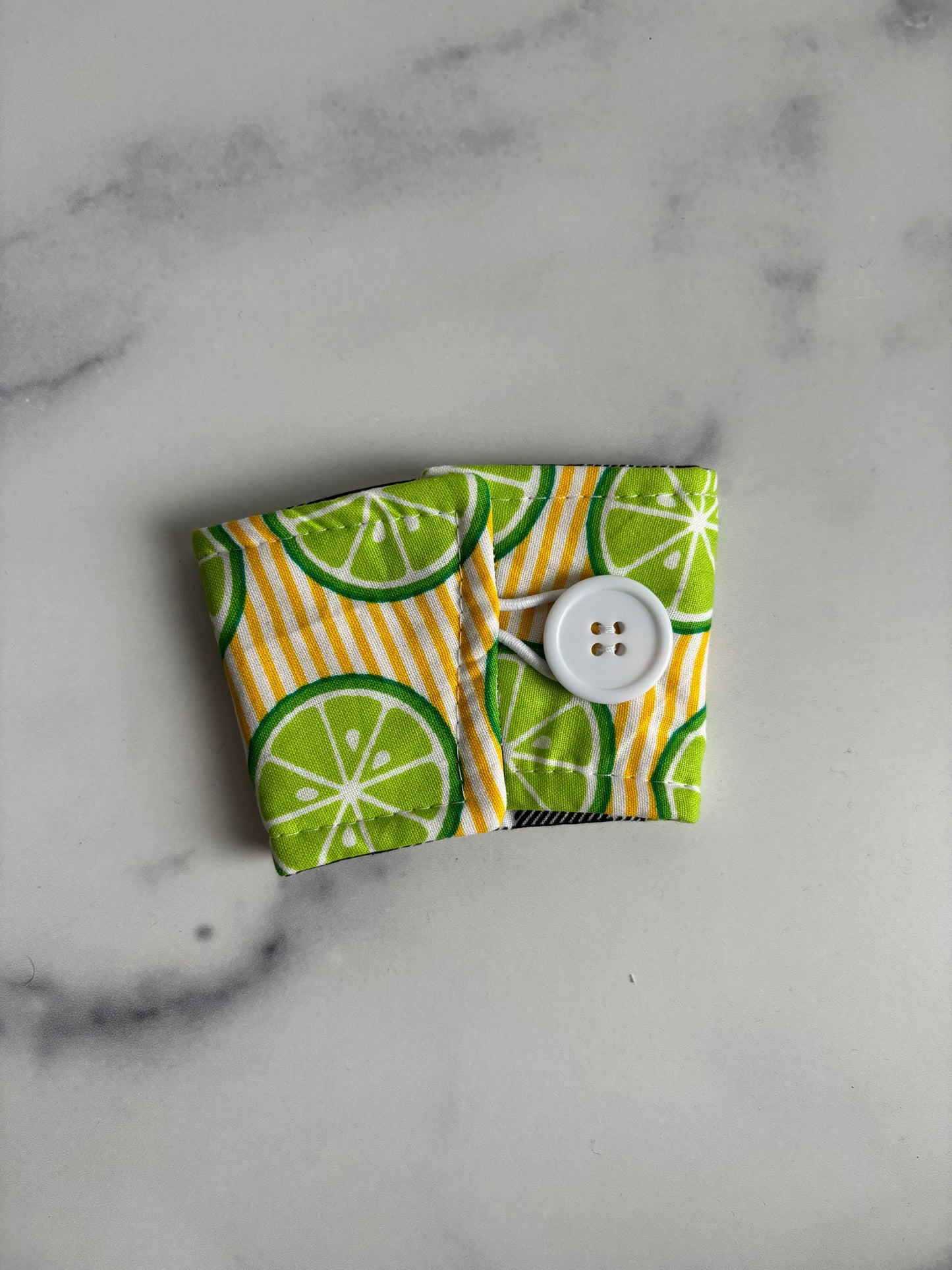 Limes on Yellow Stripes - Reusable Coffee Sleeve