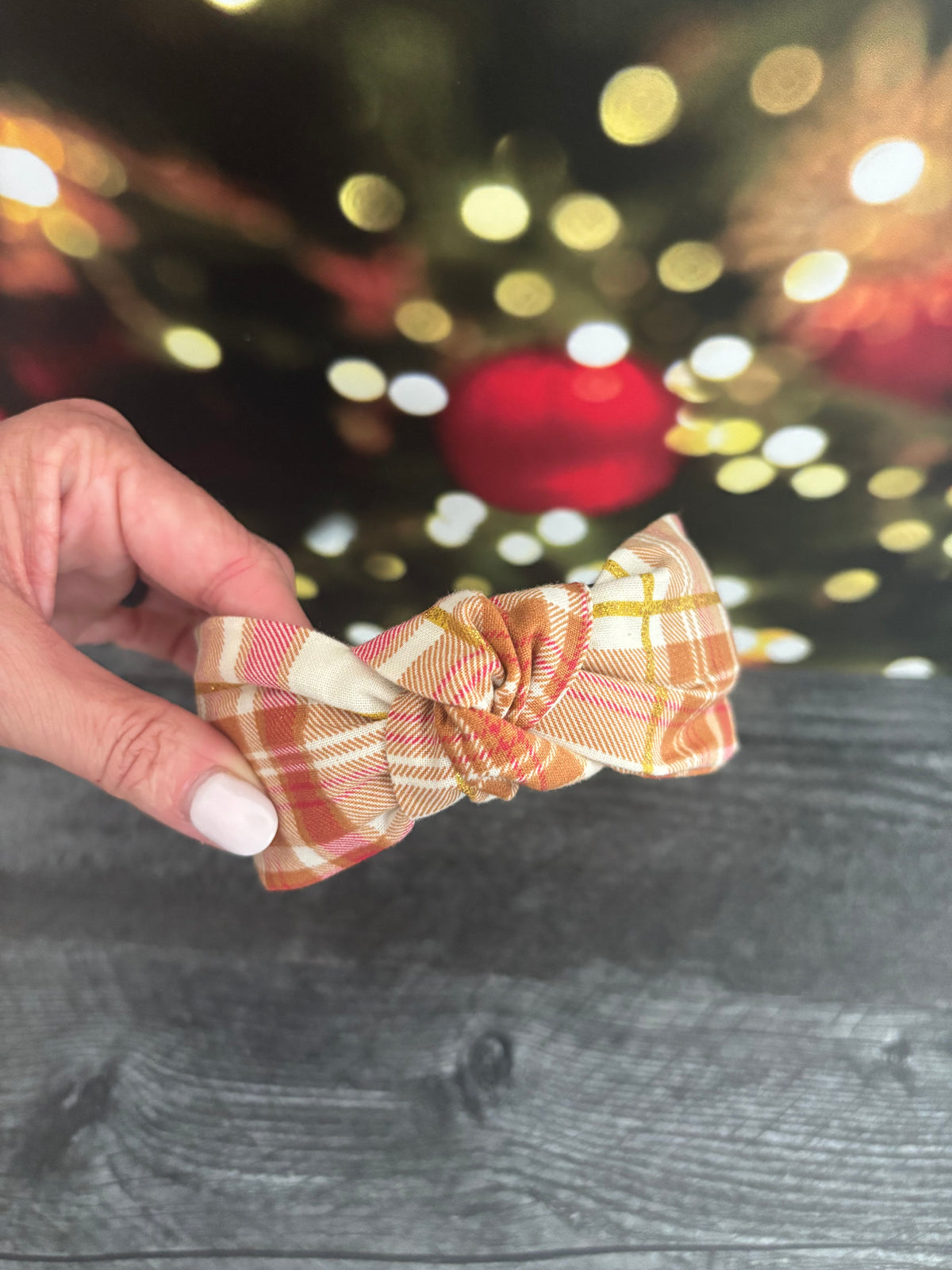 Sparkly Plaid Red, Cream and Gold - Knotted Headband