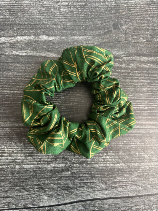 Sparkly Gold Leaf Print on Green - Cotton Scrunchie