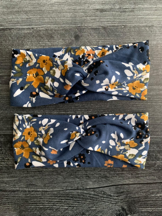 Floral on Blue - Twisted Knit Headbands