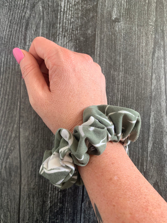 Sage Green with White Flowers - Knit Scrunchie