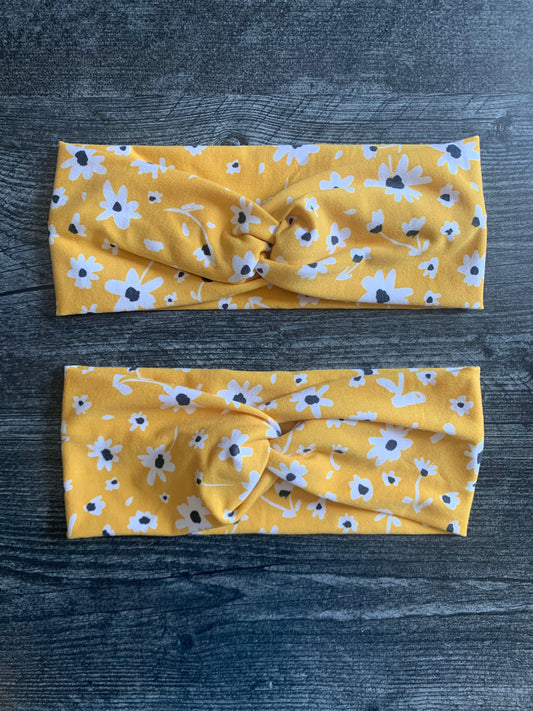 Yellow with White Daisies - Twisted Knit Headbands