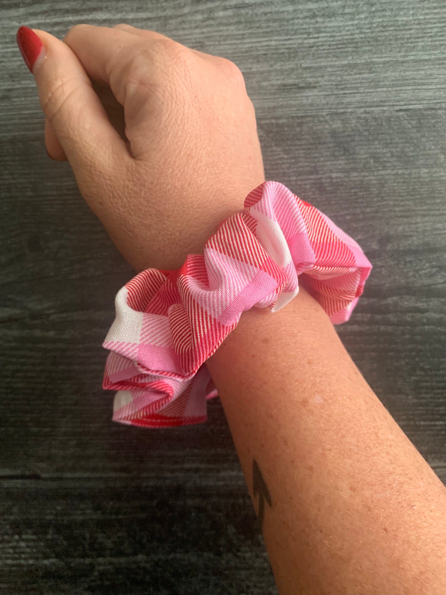 Pink and Red Check - Cotton Scrunchie