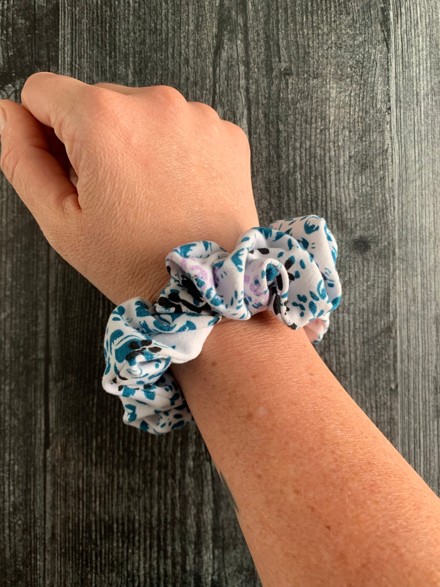 Lilac, Teal, and Black Flowers on White - Knit Scrunchie