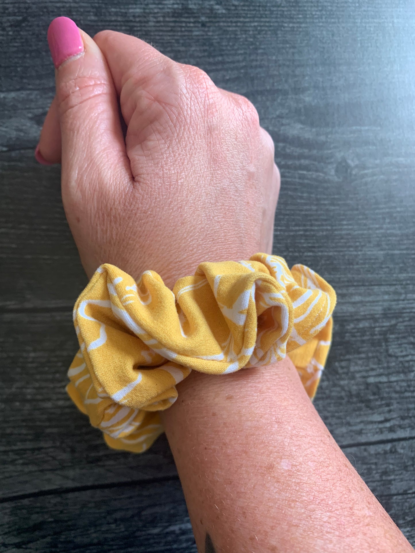 Yellow with White Flowers - Knit Scrunchie