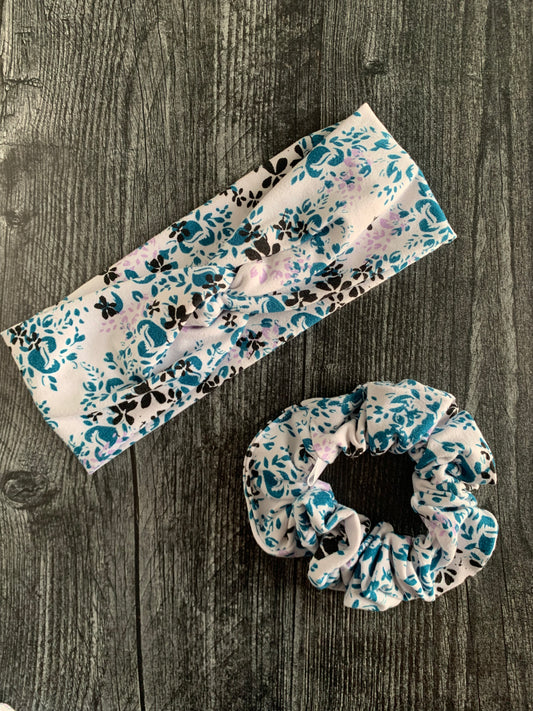 Lilac, Teal, and Black Flowers on White - Twisted Knit Headbands