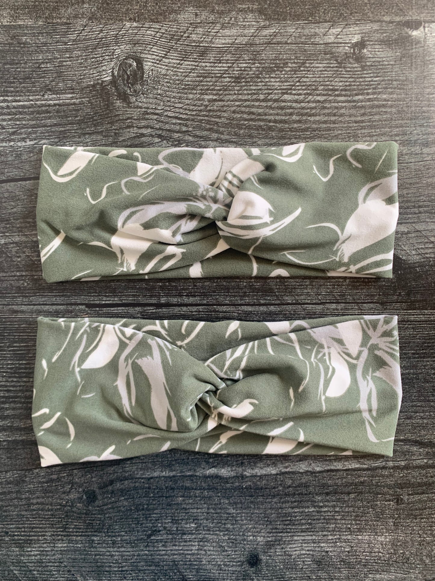 Sage Green with White Flowers - Twisted Knit Headbands