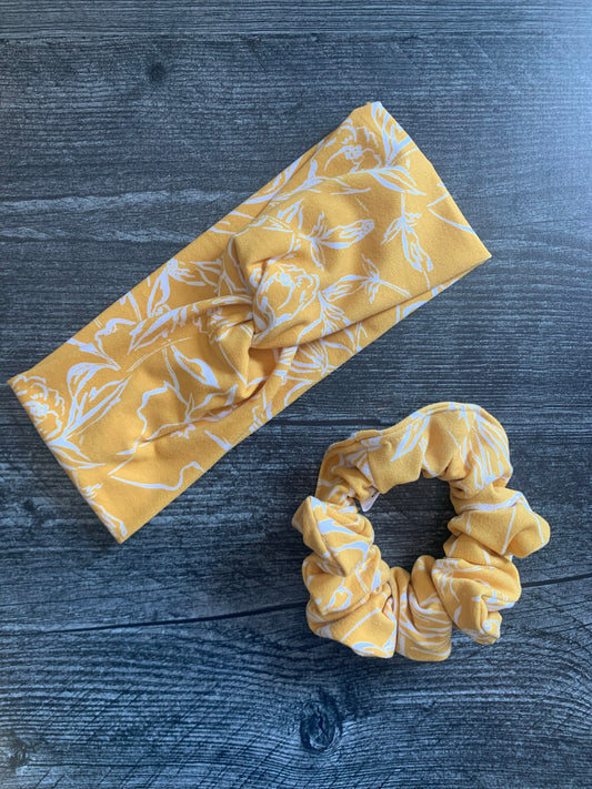 Yellow with White Flowers - Twisted Knit Headbands