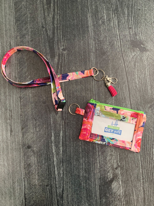 Blissful Blooms in Navy - Lanyard/Keychain Wallet