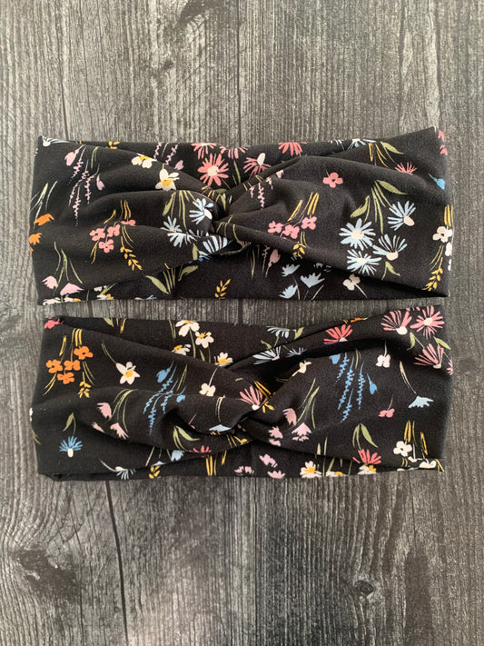 Colorful Floral on Black - Twisted Knit Headbands
