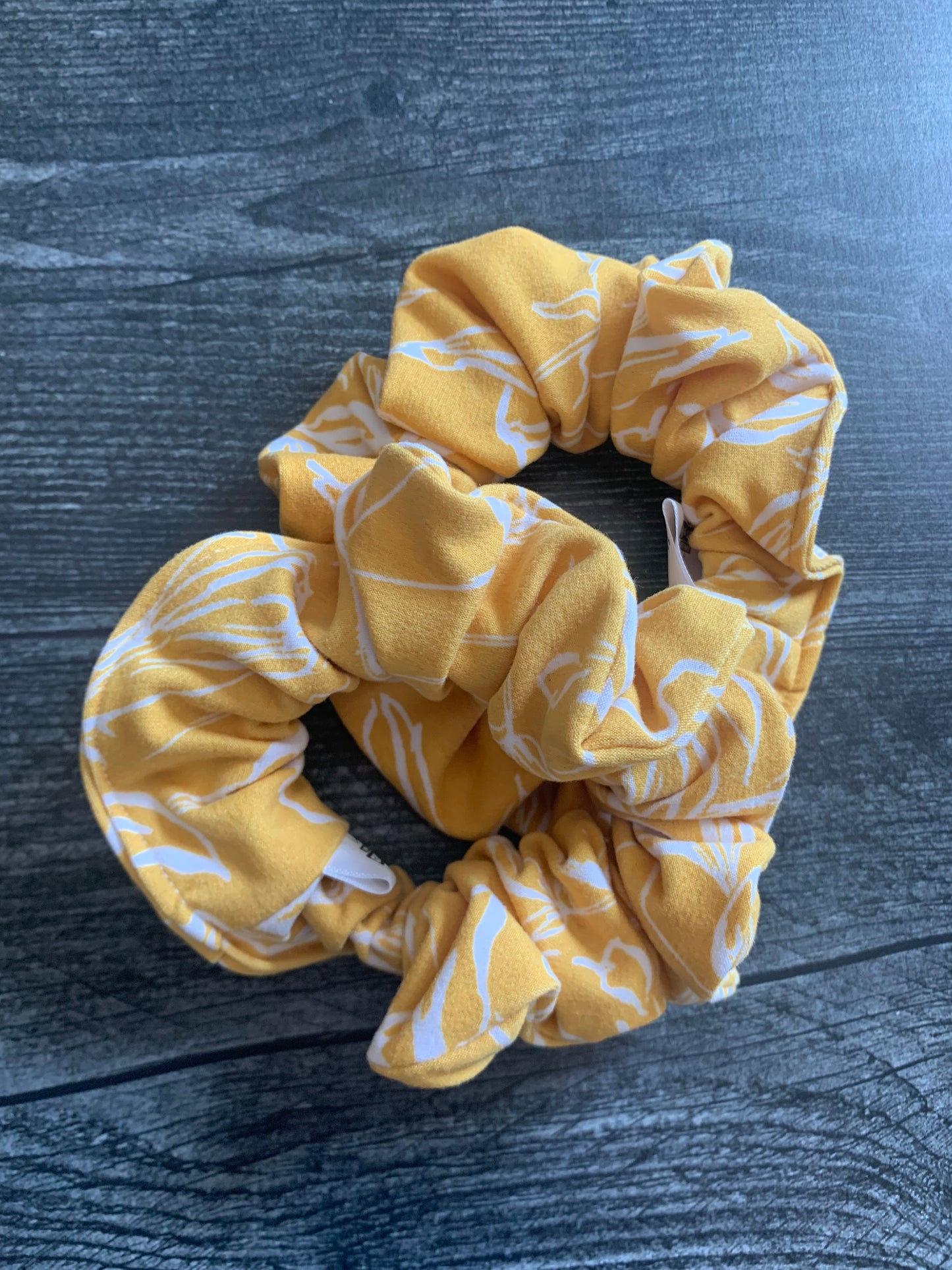 Yellow with White Flowers - Knit Scrunchie
